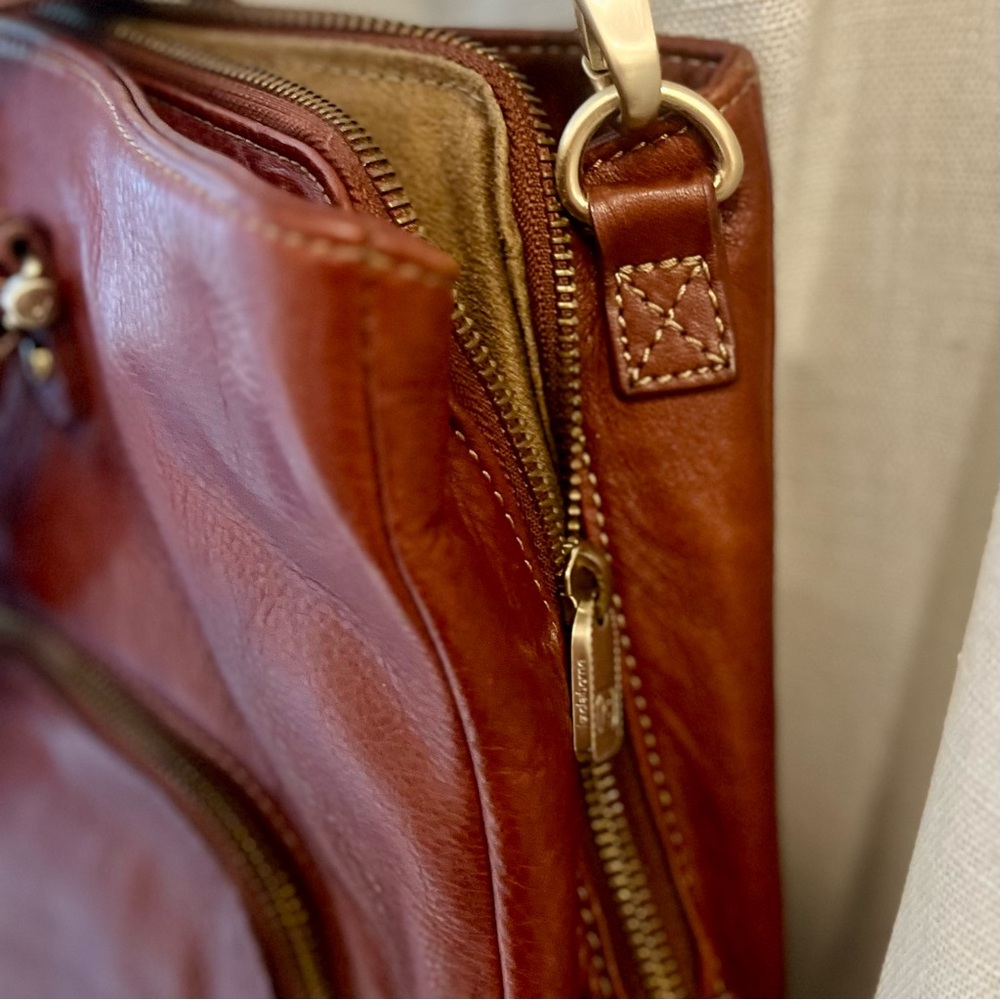 Cognac Genuine Leather Crossbody Satchel | Vintage Style Work Tote - Picture 4 of 12